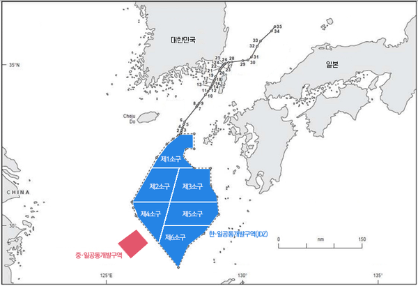 ▶▶ 우리나라와 일본이 공동 개발을 합의한 제7광구(JDZ: Joint Development Zone, 한일 남부 대륙붕 공동개발구역). 6개의 소구역으로 나뉘어 있다.